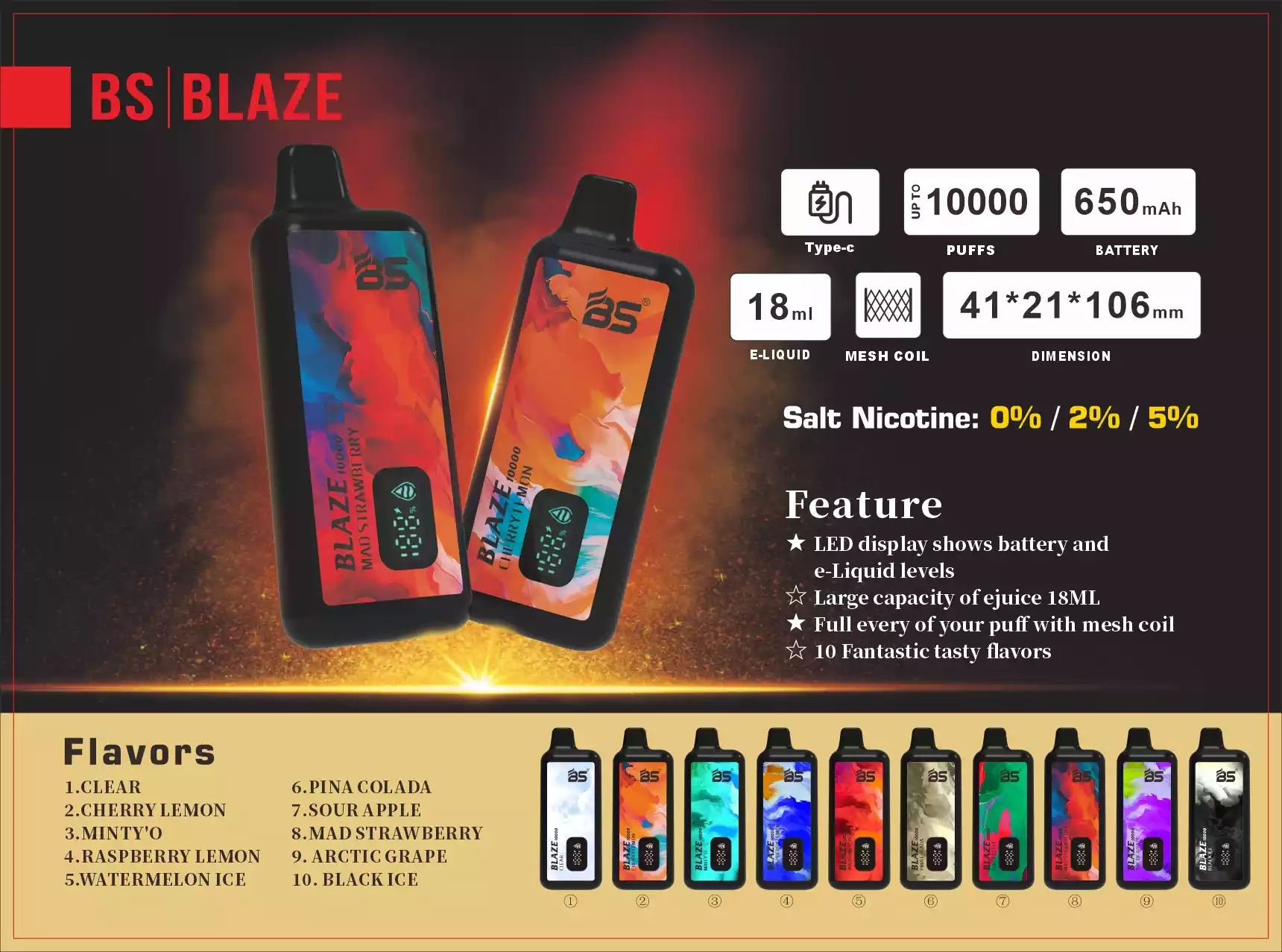 BREZE BS BLAZE10000 Puffs rechargeables de haute qualité en vrac Acheter un stylo vape de cigarette électronique jetable en gros 0% 2% 5% à faible teneur en nicotine