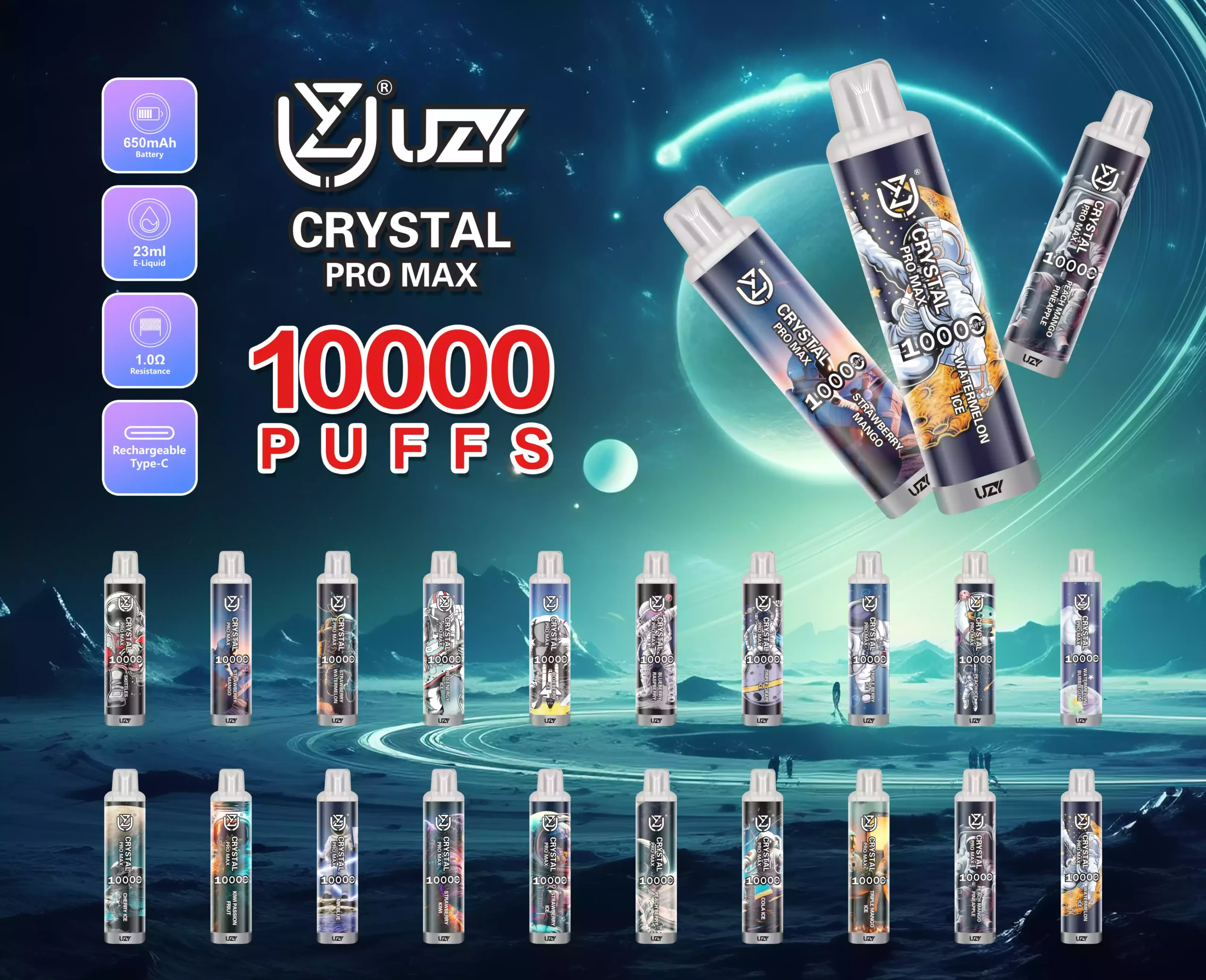 UZY Crystal Pro Max 10000 baforadas recarregáveis ​​de alta qualidade a granel Comprar cigarro eletrônico descartável no atacado 0%, 2%, 3%, 5% com baixo teor de nicotina