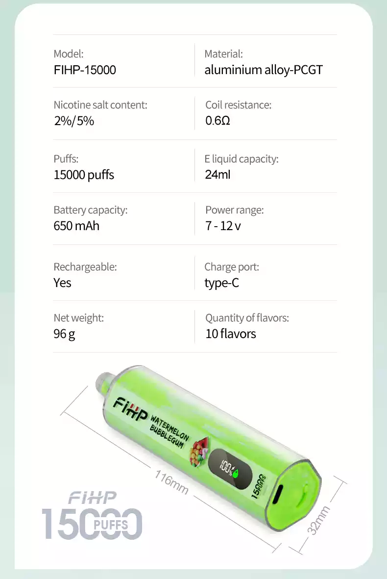 FIHP Shisha Hookah 15000 Puffs Tukkumyynti 0,6% Vähä Nikotiini Ladattava Korkealaatuinen Bulkki Osta Kertakäyttöinen Elektroninen Savuke