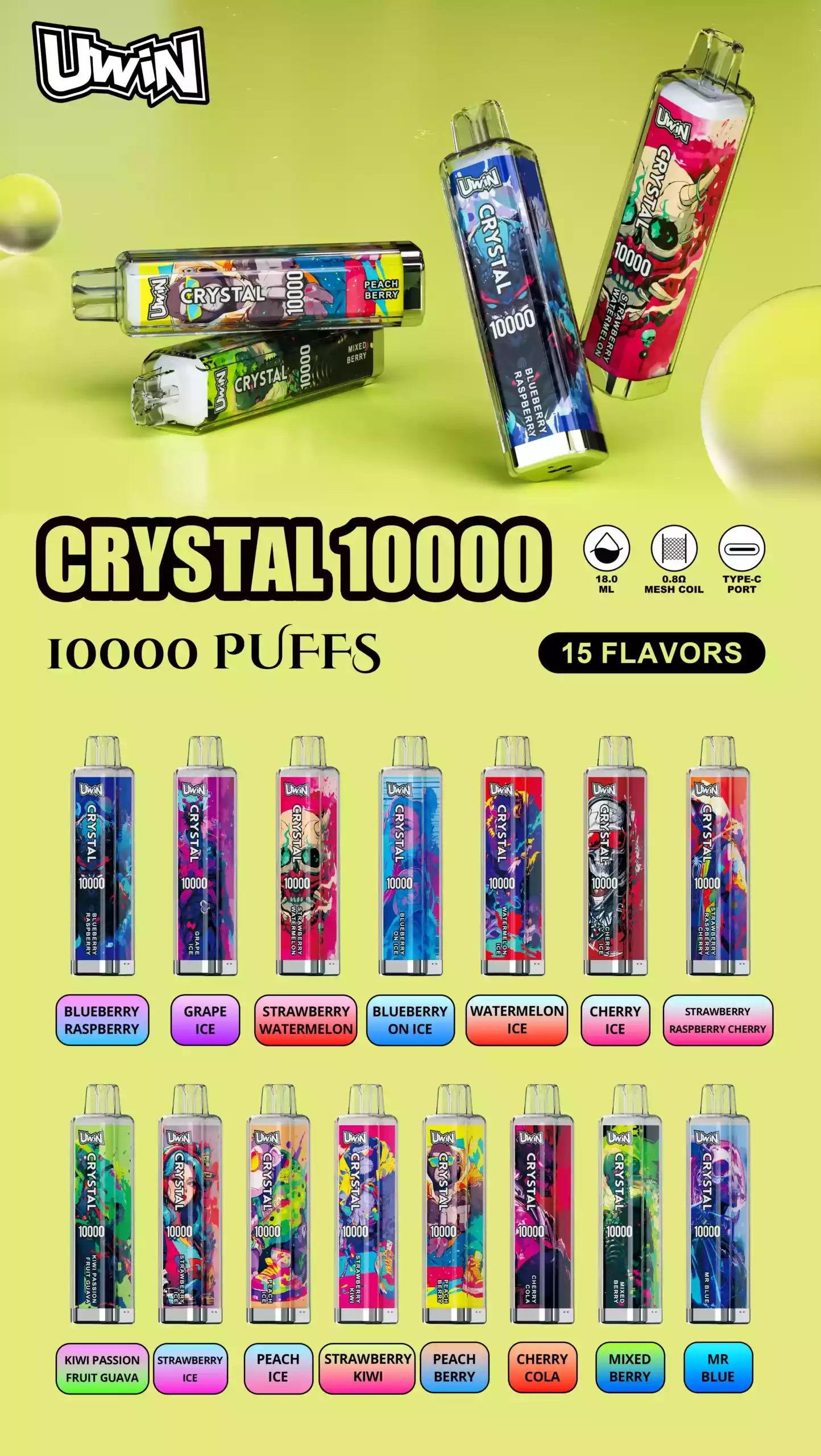 Uwin Crystal 10000 Puffs Rechargeable High Quality Bulk Buy Disposable Electronic Cigarette Wholesale 0% 2% 3% 5% Low Nicotine